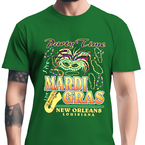 Adult Unisex Mardi Gras Party Time Tee - Shirt - Mardi Gras Apparel - Adult, Adult Unisex, Crew Neck - Tee - Shirt