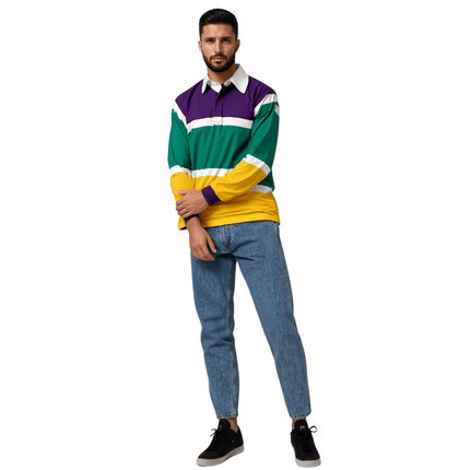 Adult Unisex Mardi Gras Polo Long Sleeve 3 Color Panel & White Trim - Mardi Gras Apparel - Adult, Adult Unisex, Collared - Long Sleeve Rugby Polo