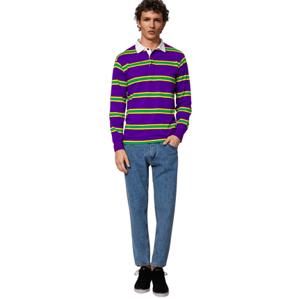Adult Unisex Mardi Gras PPL 3 Panel Long Sleeve Rugby Polo - Mardi Gras Apparel - Adult Unisex, Green, Long Sleeve - Long Sleeve Rugby Polo