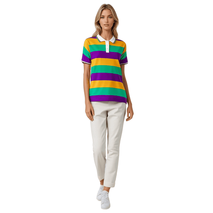 Adult Unisex Mardi Gras Striped Panel Short Sleeve Polo T-shirt - Mardi Gras Apparel - Adult Unisex, Button Up, Collared - Rugby Polo
