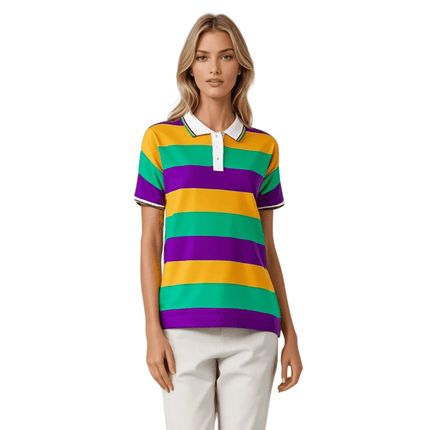 Adult Unisex Mardi Gras Striped Panel Short Sleeve Polo T-shirt - Mardi Gras Apparel - Adult Unisex, Button Up, Collared - Rugby Polo