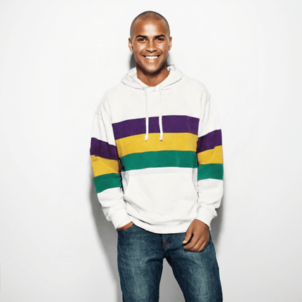 Adult Unisex Mardi Gras Striped Pullover White Hoodie - Mardi Gras Apparel - Adult Unisex, Green, Hoodie - Hoodie