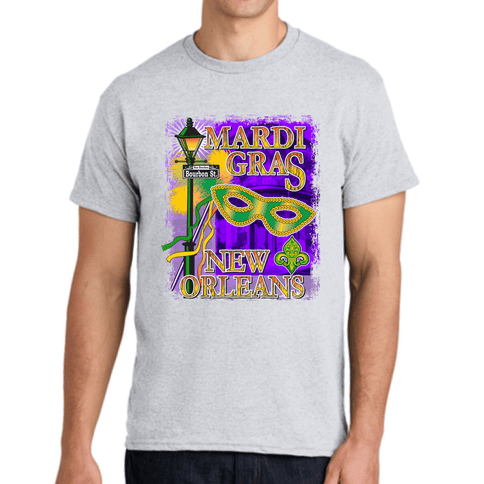 Adult Unisex New Orleans Mardi Gras Sport Grey Full Chest Print Short Sleeve Tee Shirt - Mardi Gras Apparel - 100% Cotton, Adult, Crew Neck - Tee - Shirt