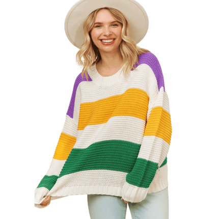 Classic Mardi Gras Colorful Stripe Relaxed Fit Pullover - Mardi Gras Apparel - Adult, Ladies, Mardi Gras - Sweatshirt