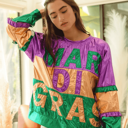 Foil Color Block Mardi Gras Lettering Top - Mardi Gras Apparel - Adult, Front Design, Ladies - Sequin