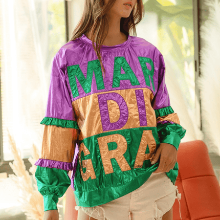 Foil Color Block Mardi Gras Lettering Top - Mardi Gras Apparel - Adult, Front Design, Ladies - Sequin