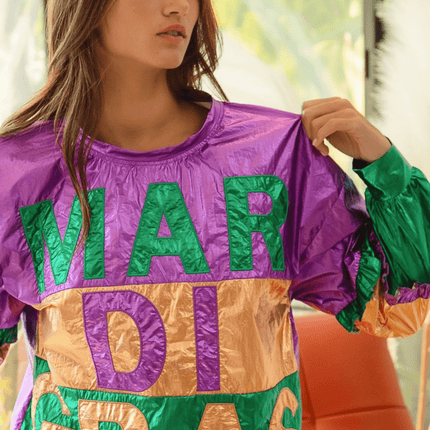 Foil Color Block Mardi Gras Lettering Top - Mardi Gras Apparel - Adult, Front Design, Ladies - Sequin