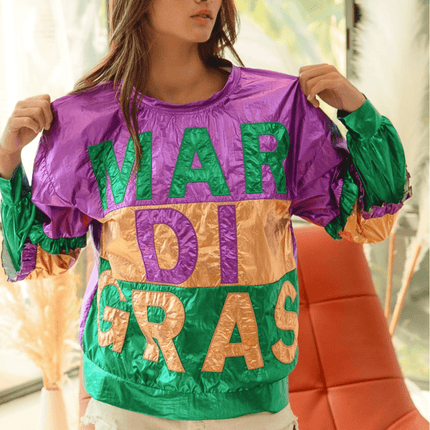 Foil Color Block Mardi Gras Lettering Top - Mardi Gras Apparel - Adult, Front Design, Ladies - Sequin