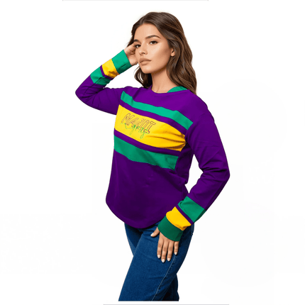 Ladies Mardi Gras Purple Long Sleeve Striped Shirt - Mardi Gras Apparel - Adult, curved bottom, Green - Tops