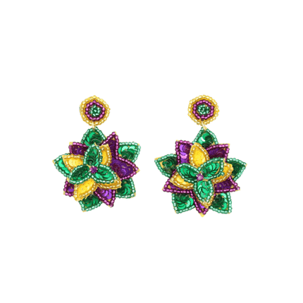 Mardi Gras Beaded Flower Earrings - Mardi Gras Apparel - Accessories, Adult, Earrings - Earrings