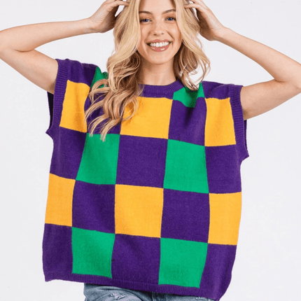 Mardi Gras Checkered Sweater Vest - Mardi Gras Apparel - Adult, Ladies, Short Sleeve - Sweatshirt