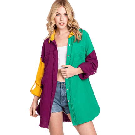 Mardi Gras Color Block Long Sleeve Shirt - Mardi Gras Apparel - Adult, Ladies, Short Sleeve - Sweatshirt