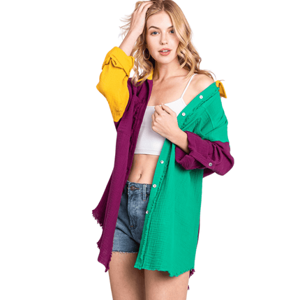 Mardi Gras Color Block Long Sleeve Shirt - Mardi Gras Apparel - Adult, Ladies, Short Sleeve - Sweatshirt