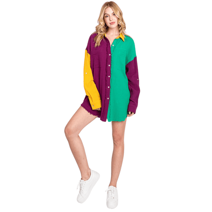 Mardi Gras Color Block Long Sleeve Shirt - Mardi Gras Apparel - Adult, Ladies, Short Sleeve - Sweatshirt