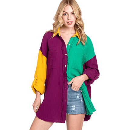 Mardi Gras Color Block Long Sleeve Shirt - Mardi Gras Apparel - Adult, Ladies, Short Sleeve - Sweatshirt