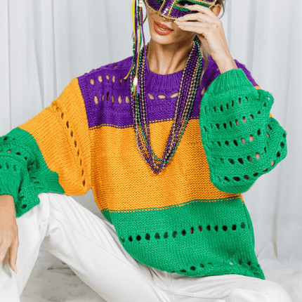 Mardi Gras Color Block Open - Knit Sweater - Mardi Gras Apparel - Adult, Ladies, Short Sleeve - Sweaters
