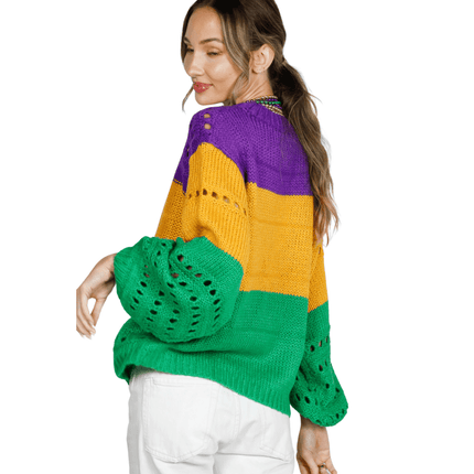 Mardi Gras Color Block Open - Knit Sweater - Mardi Gras Apparel - Adult, Ladies, Short Sleeve - Sweaters