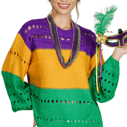 Mardi Gras Color Block Open - Knit Sweater - Mardi Gras Apparel - Adult, Ladies, Short Sleeve - Sweaters