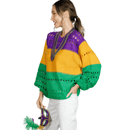 Mardi Gras Color Block Open - Knit Sweater - Mardi Gras Apparel - Adult, Ladies, Short Sleeve - Sweaters