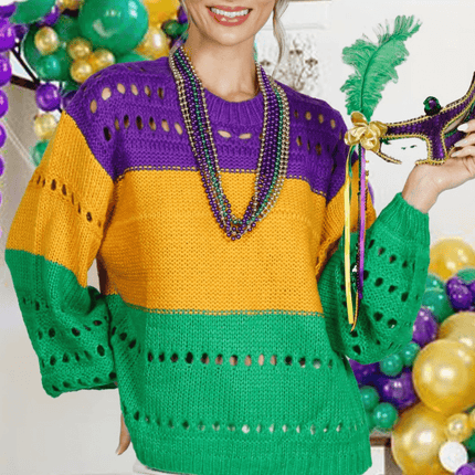 Mardi Gras Color Block Open - Knit Sweater - Mardi Gras Apparel - Adult, Ladies, Short Sleeve - Sweaters