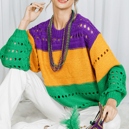 Mardi Gras Color Block Open - Knit Sweater - Mardi Gras Apparel - Adult, Ladies, Short Sleeve - Sweaters