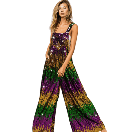 Mardi Gras Color Block Overalls - Mardi Gras Apparel - Adult, Gold, Green - Sequin