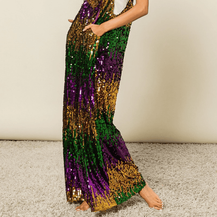 Mardi Gras Color Block Overalls - Mardi Gras Apparel - Adult, Gold, Green - Sequin
