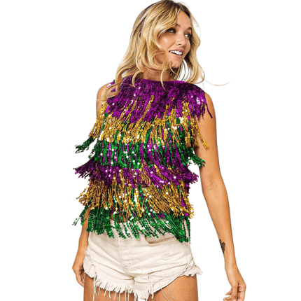 Mardi Gras Color Block Sequin Fringe Top - Mardi Gras Apparel - Adult, Bibi, Bibi Top Chart - Sequin