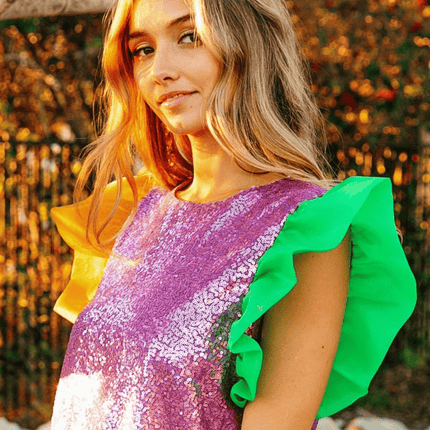 Mardi Gras Color Block Sequin Top Organza Sleeve - Mardi Gras Apparel - Adult, Gold, Green - 