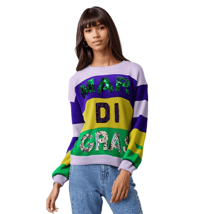 Mardi Gras Color Block Sweater - Mardi Gras Apparel - Adult, Gold, Green - Sequin