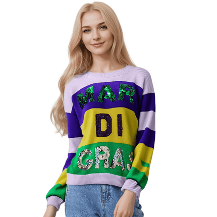 Mardi Gras Color Block Sweater - Mardi Gras Apparel - Adult, Gold, Green - Sequin
