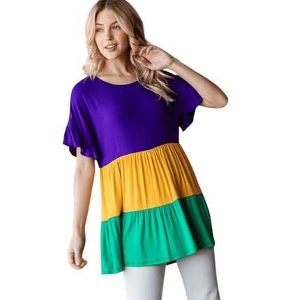 Mardi Gras Color Block Tiered Top - Mardi Gras Apparel - Adult, Ladies, Short Sleeve - Tops