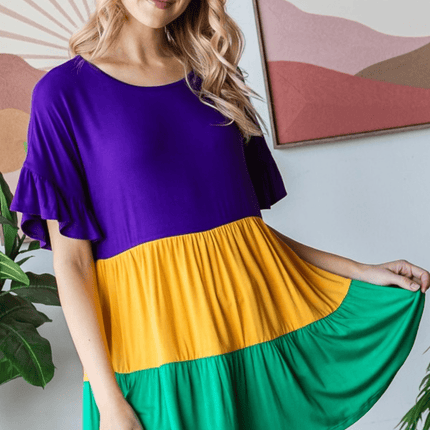 Mardi Gras Color Block Tiered Top - Mardi Gras Apparel - Adult, Ladies, Short Sleeve - Tops