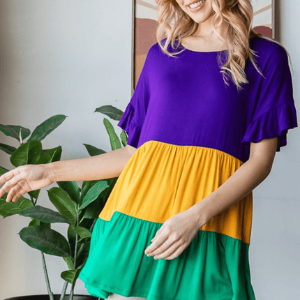Mardi Gras Color Block Tiered Top - Mardi Gras Apparel - Adult, Ladies, Short Sleeve - Tops