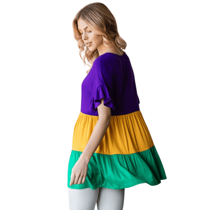 Mardi Gras Color Block Tiered Top - Mardi Gras Apparel - Adult, Ladies, Short Sleeve - Tops