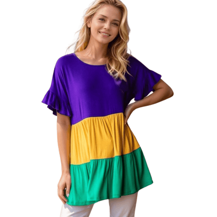 Mardi Gras Color Block Tiered Top - Mardi Gras Apparel - Adult, Ladies, Short Sleeve - Tops