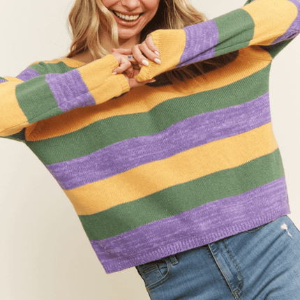 Mardi Gras Colorful Stripe Relaxed Fit Pullover Top - Mardi Gras Apparel - Adult, Ladies, Mardi Gras - Sweatshirt
