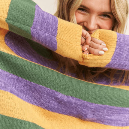 Mardi Gras Colorful Stripe Relaxed Fit Pullover Top - Mardi Gras Apparel - Adult, Ladies, Mardi Gras - Sweatshirt