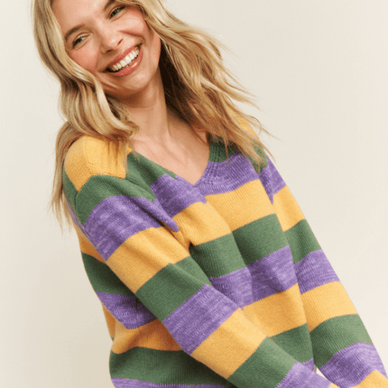 Mardi Gras Colorful Stripe Relaxed Fit Pullover Top - Mardi Gras Apparel - Adult, Ladies, Mardi Gras - Sweatshirt