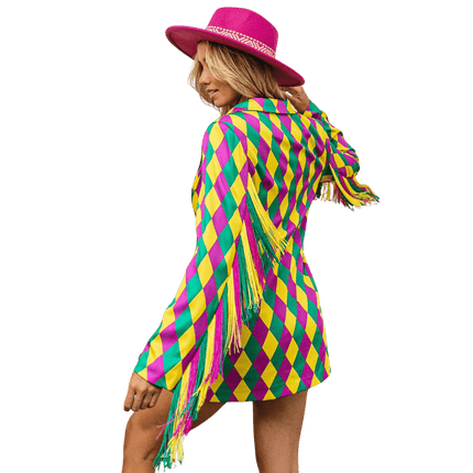 Mardi Gras Diamond Pattern Fringed Single Blazer - Mardi Gras Apparel - Adult, Bibi, Bibi Top Chart - Blazer