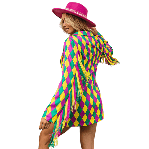 Mardi Gras Diamond Pattern Fringed Single Blazer - Mardi Gras Apparel - Adult, Bibi, Bibi Top Chart - Blazer