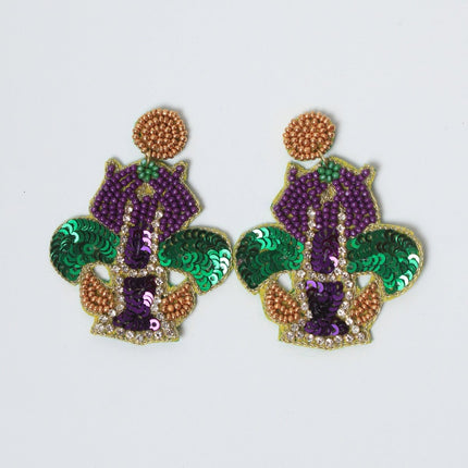 Mardi Gras Fleur - de - Lis Beaded Earrings with Sequins - Mardi Gras Apparel - Accessories, Earrings, Mardi Gras - Mardi Gras Earrings