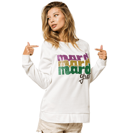Mardi Gras Glitter Lettering Pullover - Mardi Gras Apparel - Adult, Bibi, Bibi Top Chart - Sweatshirt