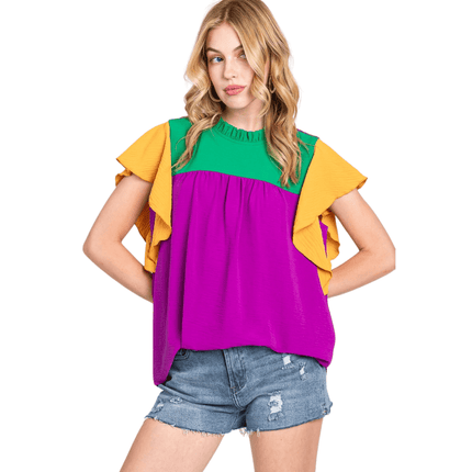 Mardi Gras Multi - Color Ruffle Sleeve Top - Mardi Gras Apparel - Adult, Ladies, Short Sleeve - Sweatshirt