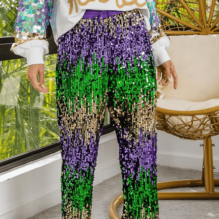 Mardi Gras Sequin Color Block Pants - Mardi Gras Apparel - Adult, Gold, Green - 