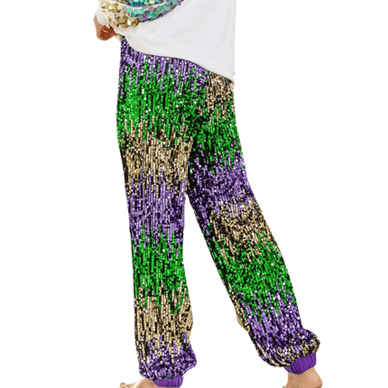 Mardi Gras Sequin Color Block Pants - Mardi Gras Apparel - Adult, Gold, Green - 