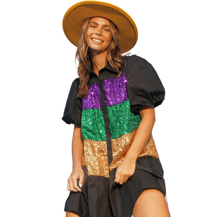 Mardi Gras Sequin Color Block Shirt Dress - Mardi Gras Apparel - Dress, Gold, Green - Dress
