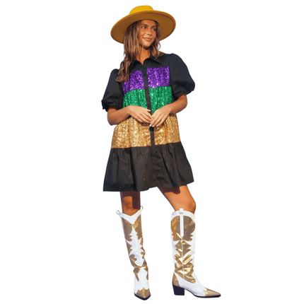 Mardi Gras Sequin Color Block Shirt Dress - Mardi Gras Apparel - Dress, Gold, Green - Dress