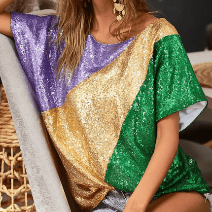 Mardi Gras Sequin Color Blocking Top - Mardi Gras Apparel - Adult, Bibi, Bibi Top Chart - Sequin Tops