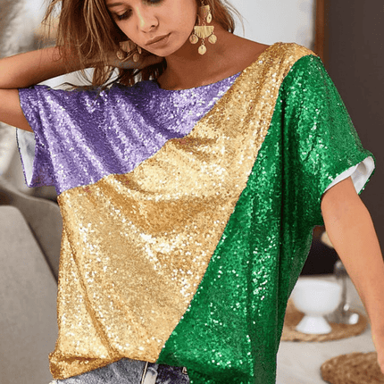 Mardi Gras Sequin Color Blocking Top - Mardi Gras Apparel - Adult, Bibi, Bibi Top Chart - Sequin Tops